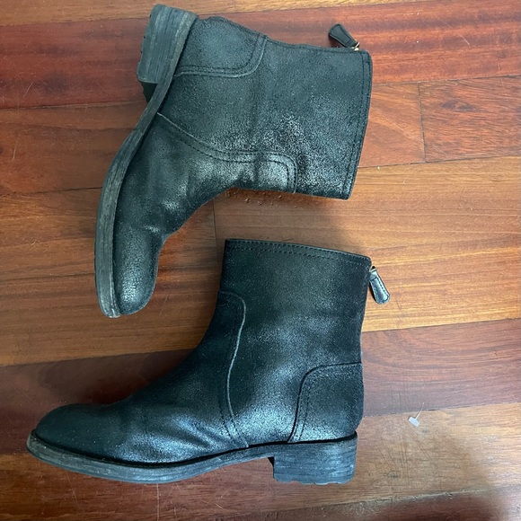 Tory Burch Selena Boots Black Size 8 Crinkle Distressed Leather Logo Metallic - Picture 5 of 12